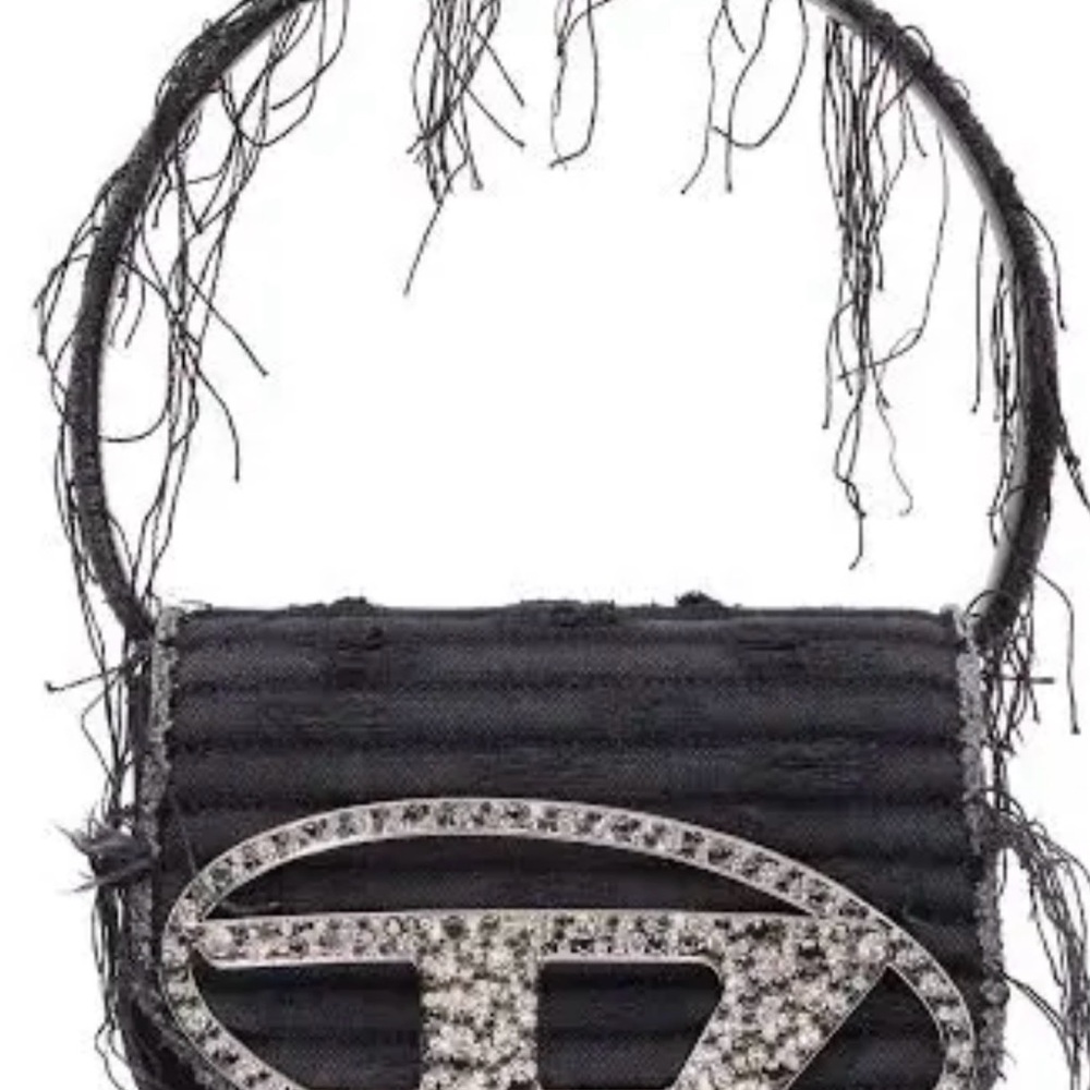 Diesel Black Rhinestone Logo Crossbody Bag with Fringe Strap
